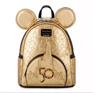 Mickey Mouse Walt Disney World 50th Anniversary Leather Gold Loungefly Backpack